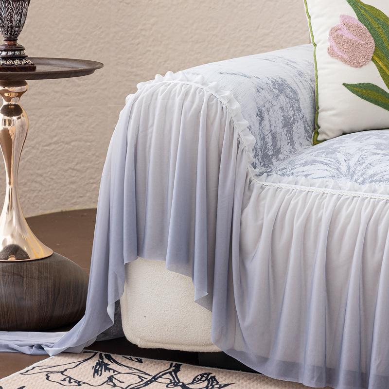 Universal Chenille Sofa Cover French Ruffled Edge Creamy Aesthetic Flower Pattern Anti-Slip Gradient Couch Cushion Mat