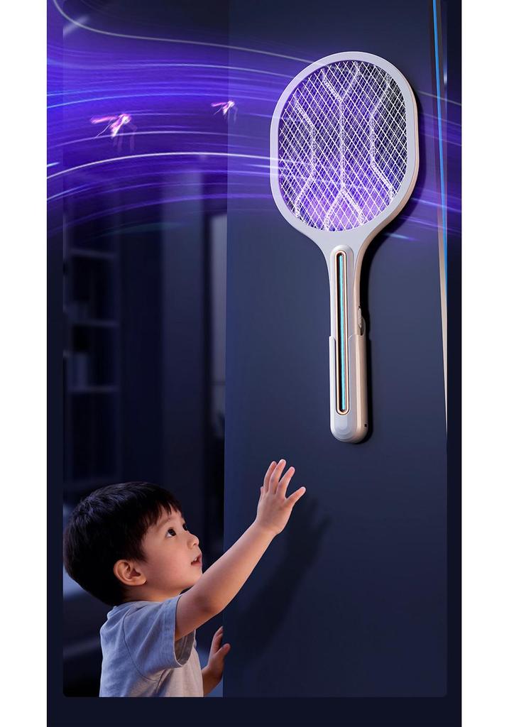 Rechargeable Electric Mosquito Swatter & Lamp with Wall-Mounted Charger and Automatic Luring Repellent.