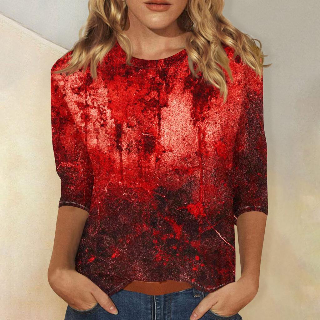 Women's Fashion Casual Round Neck 3/4 Sleeve Loose  Printed T-Shirt Ladies Top