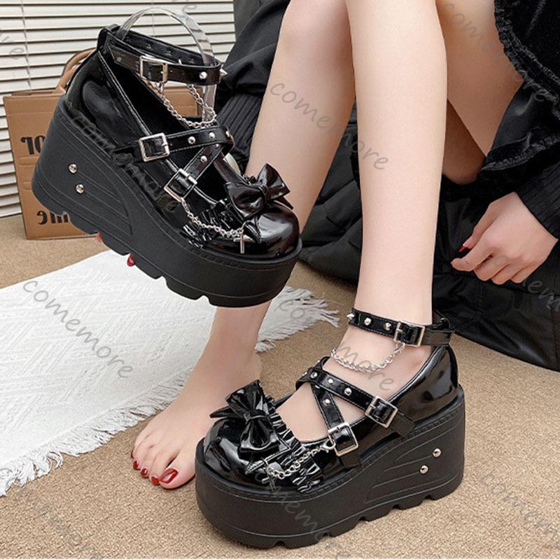 Fashion Comemore Japanese Jk Uniform Mary Jane Shoes Large Size Women Wedges High Heels Leather Pumps for Women Punk Style Single Shoes