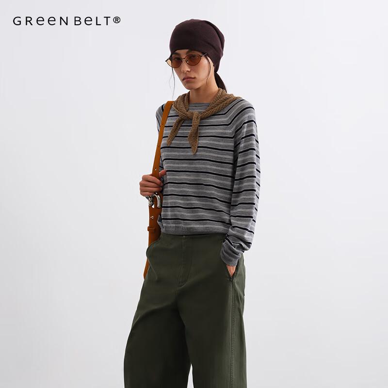 GREEN BELT Women's 100% Lambswool Color Block Stripe Round Neck Sweater