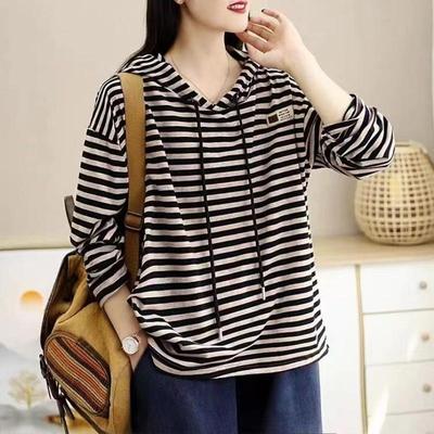 Cotton Loose Striped Hooded Sweatshirt for Women Autumn Personalized Versatile Fashion Striped T-shirt Base Shirt Hoodies