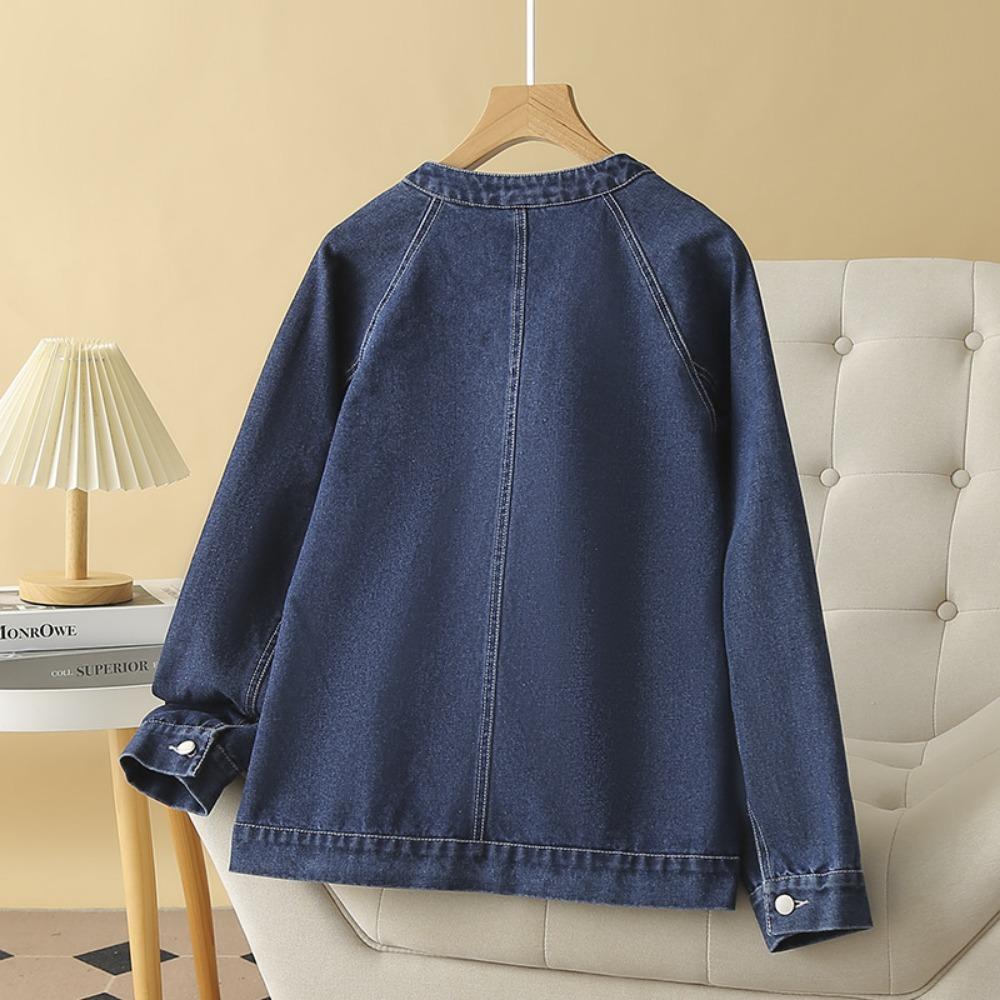 Denim Jacket Round Neck Women's Loose Pocket Fashion Denim Cardigan Jacket