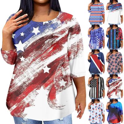 Women's Fashionable Casual Three Quarter Sleeve Independence Day Printed Round Neck Pullover Pocket T-Shirt Top