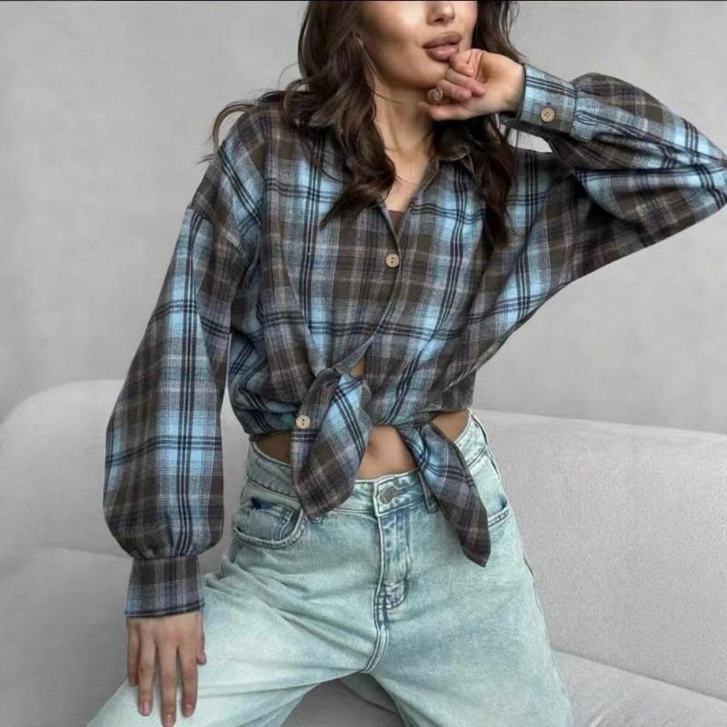 women plaid button down shirt collared long sleeve casual oversized fit blouse