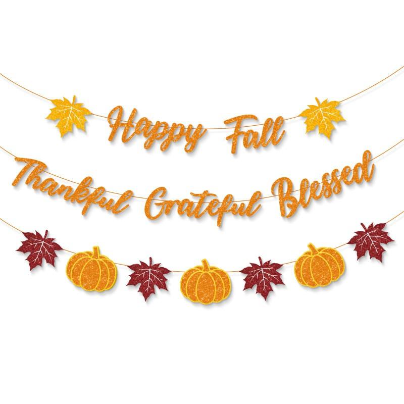 Thanksgiving Party Decorations Set With Maple Leaf Banners Hanging Flags Home Table Wall Decoration