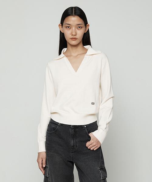 Current Collared V-Neck Knit Long Sleeve [Ivory] Ivory/S