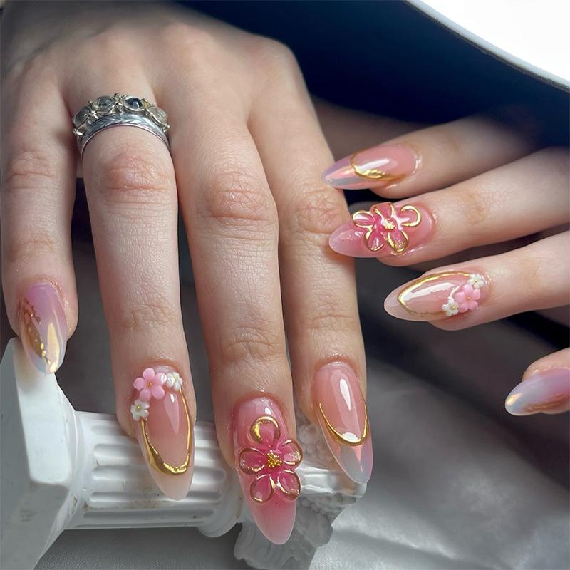 24PCS Sweet 3D Carved Flowers False Nails Simple White French Nude Pink Press On Nails Wearable Fake Nails for Women with Glue