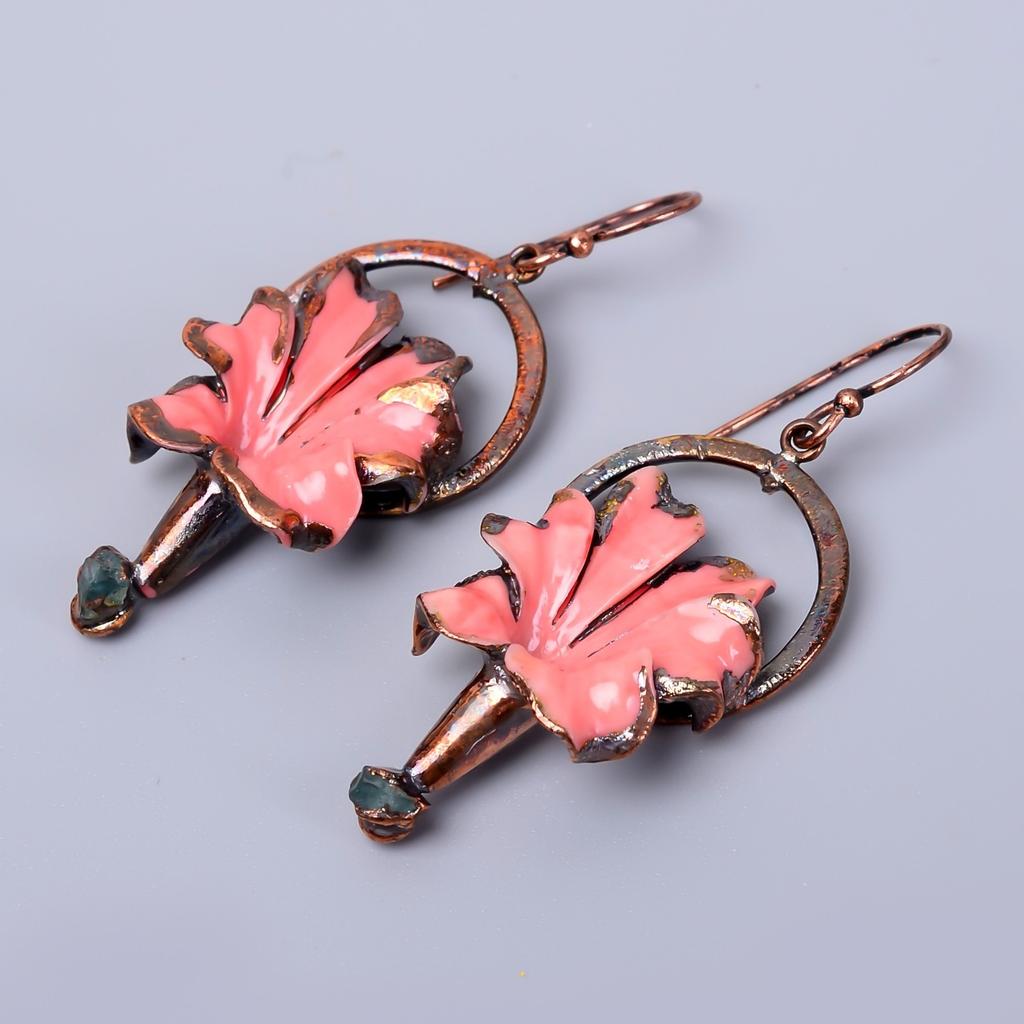Opal Stone Dangling October Electroformed Hook Anniversary Gift Earrings Copper V-69