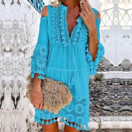 Deep V Neck Mini Dress Solid Color Women Tassel 45720 Sleeve Shift