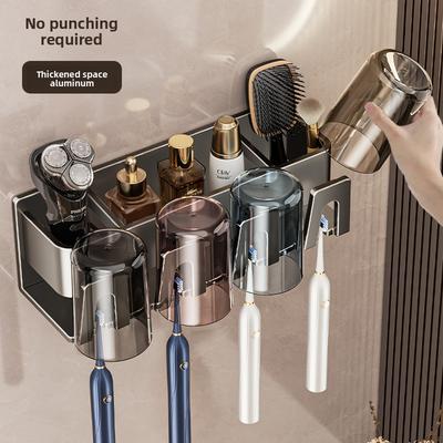 Toothbrush Holder No Need Drilling Toothbrush Cup Mouthwash Cup Wall Mounted Storage Bathroom Restroom Cup Holders With Cups