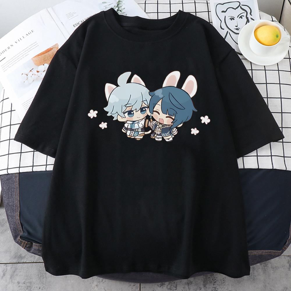 

Xingqiu and Chongyun Bunny Cute Genshin Impact T Shirt Womens Kawaii Tops 100 Cotton Summer Casual High Quality Cute Print Tees 4XL
