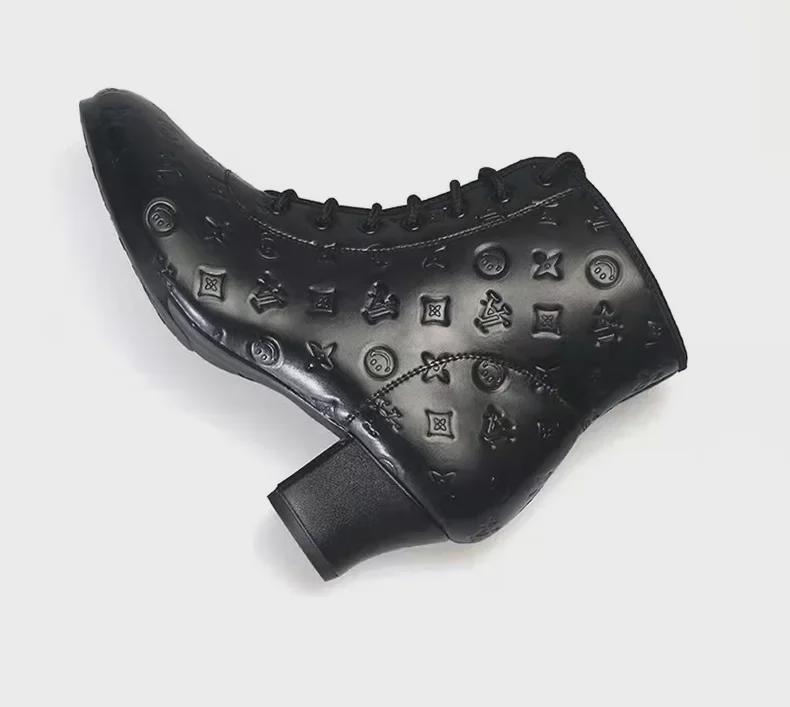 Women's Square Dance Shoes: Medium/High Heels, High Tops, Soft Sole, Embossed Leather, Ideal for Middle-aged/Elderly, Perfect for Autumn/Winter.