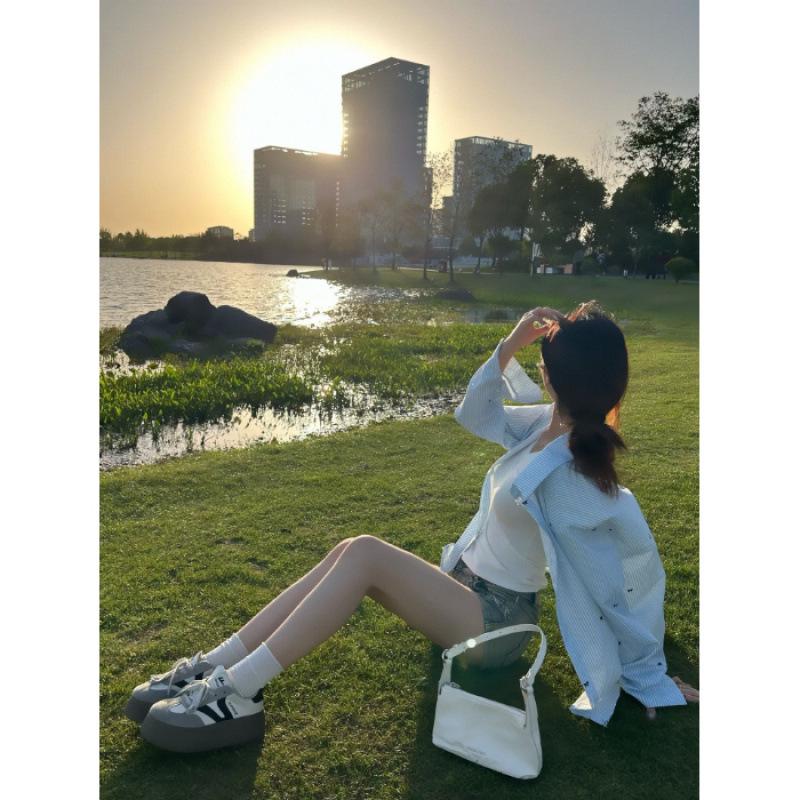 

Women s Light Blue Striped Bow Print Long Sleeve Shirt - Summer 2026 Collection Small синий