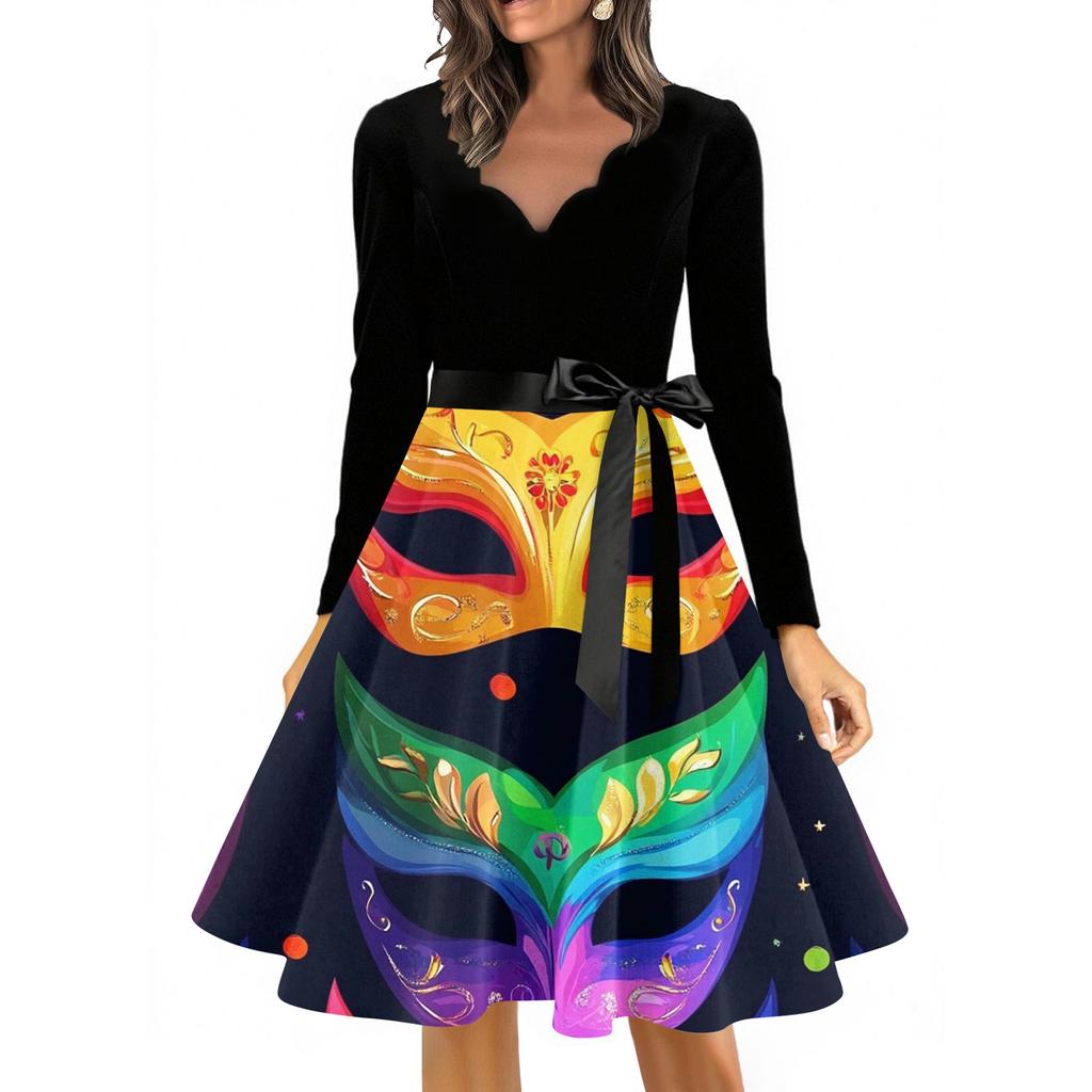 Damen Casual Mode V-Ausschnitt Langarm Bedruckt Vintage Langes Kleid