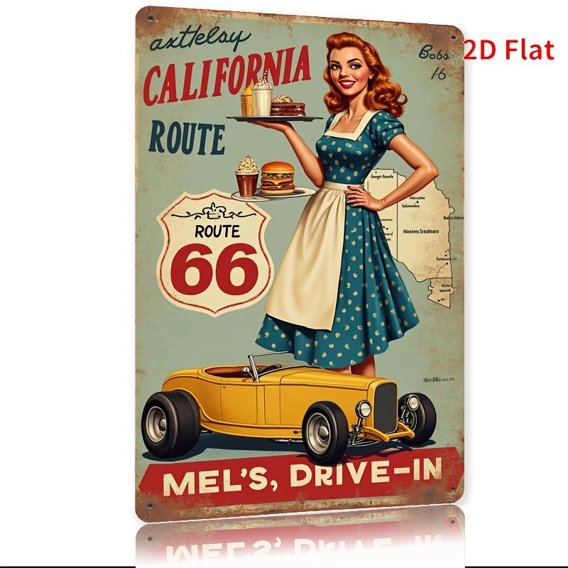 Iron Wall Art with RedHaired Server Route 66 Convertible Car Design Retro American Fast Food Theme for Garden