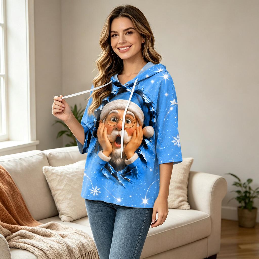 Women's Casual 3/4 Sleeve Hooded T-Shirt with Christmas Print