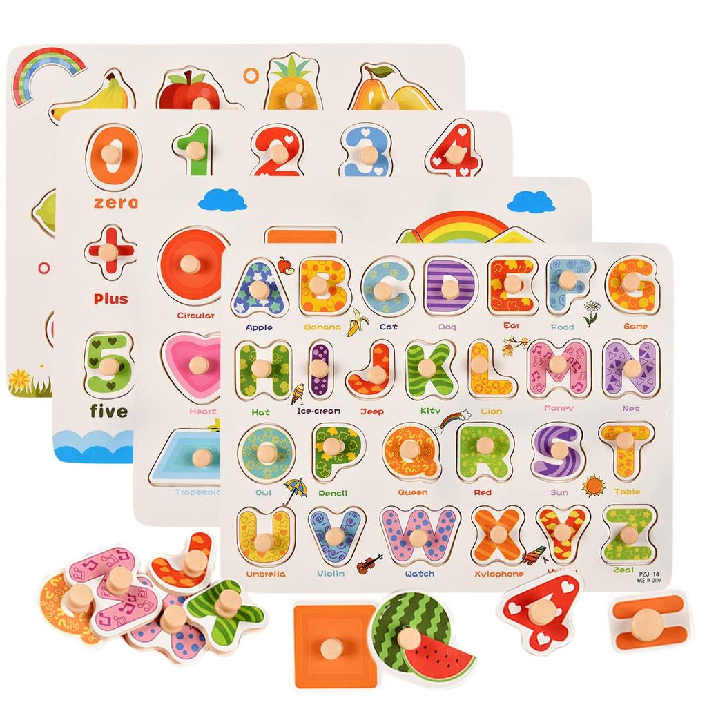 Wooden Puzzle 4 Types Series Mold Puzzle Montessori Puzzle Number Learning Shape Recognition English Alphabet Mold Matching Inset Magnetic Puzzle DIY