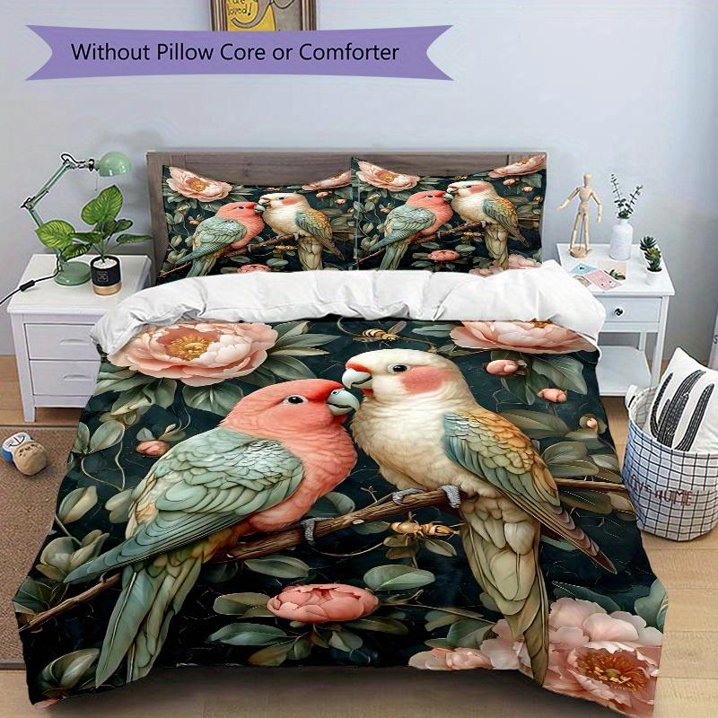 3pcs Parrot Floral Bedding Cover Set, Fashion Classic Popular Print Bedding Set, Soft Comfortable, All - Season Use, For Bedroom103