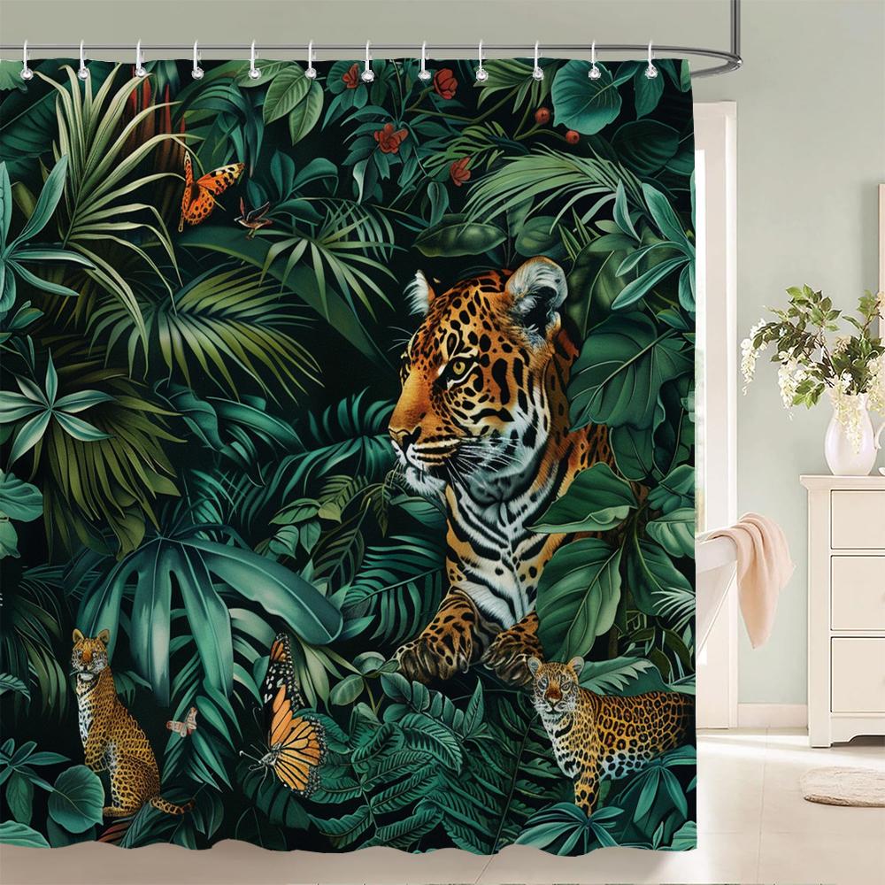 1Pcs Tropical Plants Black and Gold Leaves Printed Fabric Waterproof Shower Curtain, Bathroom Decoration Curtain, with Hooks