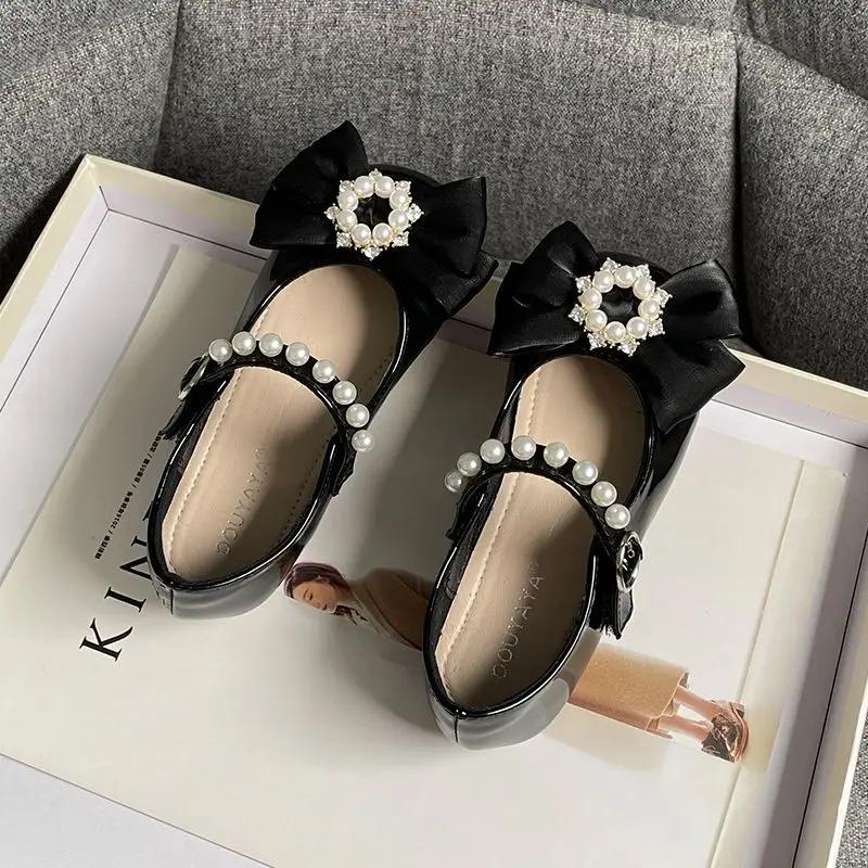 2024 New Soft Kids Fashion Girls Mary Jane Shoes Bow with Pearls Versatile Simple Children Casual Shoes Platform Moccasin Shoes