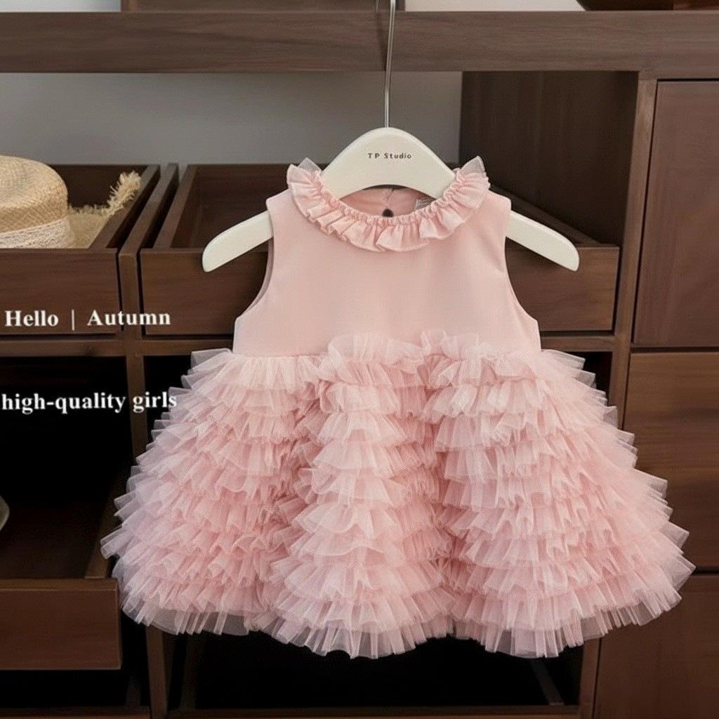 Baby Girl 1st Birthday Dress Solid Sleeveless Tiered Cake Skirt Fluffy Princess Party Gown Elegant Vest