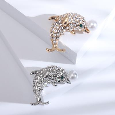 Cute Dolphin Shape Brooch Sparkling Rhinestones Faux Pearl Decor Pin Shawl Scarf Hat Outfit Animal Badge Jewelry Gift