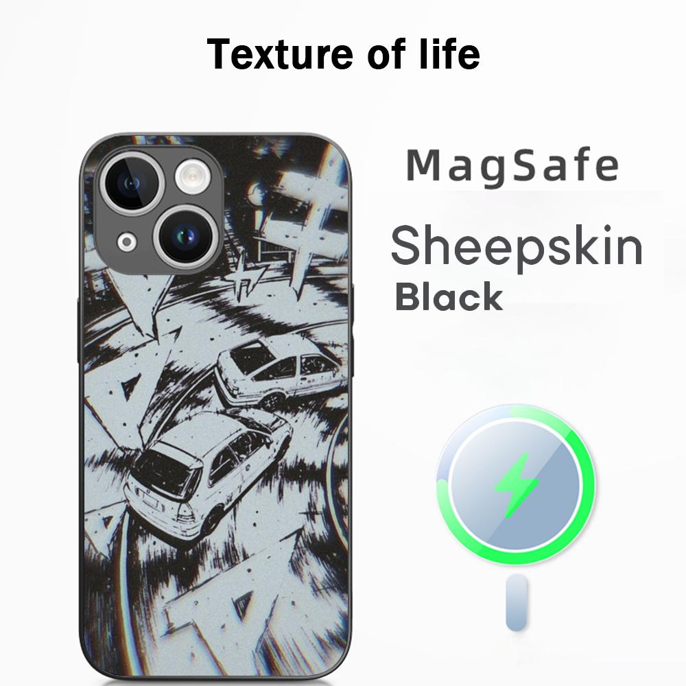 Initial D Super cool racing pattern Phone Case For iPhone 16 15 14 13 12 11 Plus Pro Max High-end Luxury Magsafe Sheepskin