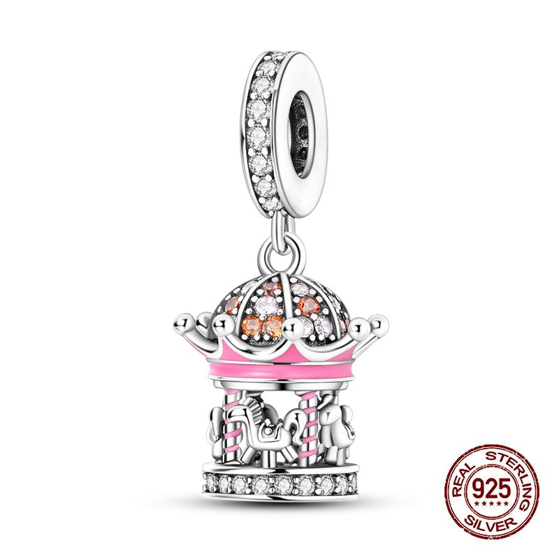 

S Copper Charms Beads Amusement Park Pendant Pink Carousal Beads Fit Original Bracelet Charms Women Jewelry