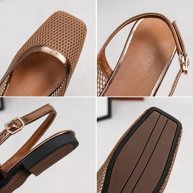 Mesh Slingback Flats for Women Summer Square Closed Toe Flats Slingback Sandals Women's Dress Shoes Adjustable Buckle Sandals Slip On Fishnet Mules