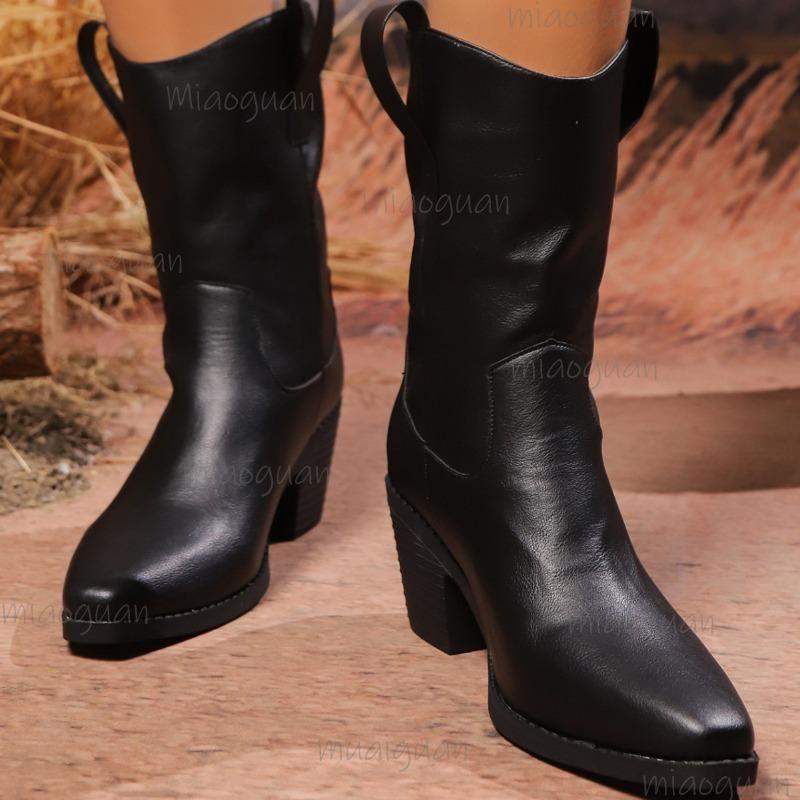 Черные Женские Короткие Сапоги на Толстом Каблуке Западный Стиль Большой Размер 36-43 Заостренный Носок Ботильоны Женские Осень Зима Без Шнуровки Ковбойские Botas Mujer 43 чёрный 3090₽