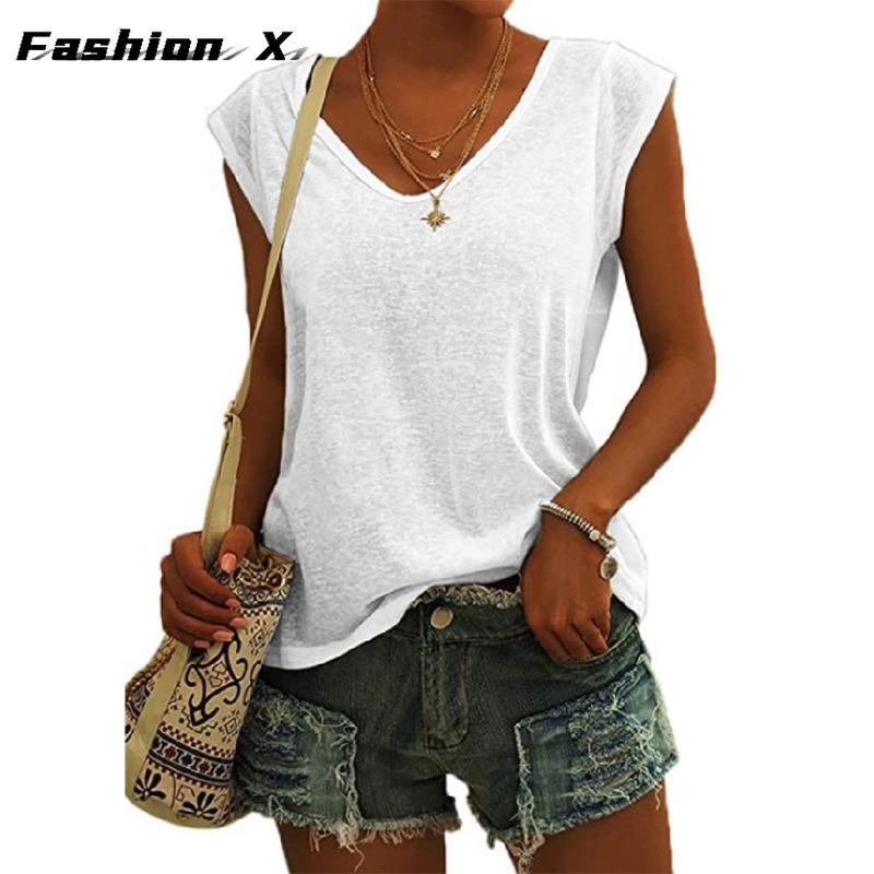 

Женская красочная хлопковая однотонная свободная футболка с v-образным вырезом и рукавами M