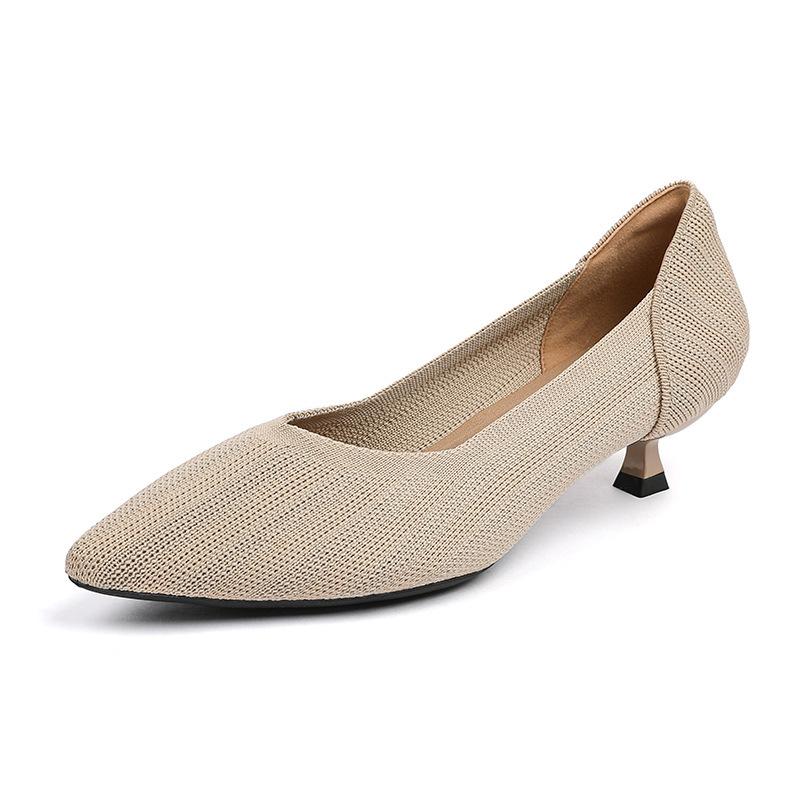 Neue High Heels spitz zulaufend fliegen-gewebt mittelhoch gestrickte Schuhe leichter Mund Katzenabsatz einzelne Schuhe Damen
