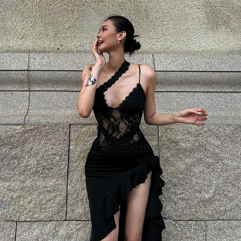 

Dress New Design Sense Long dress Gyaru Irregular Street Design Lace Stitching Perspective Backless Dress Black L