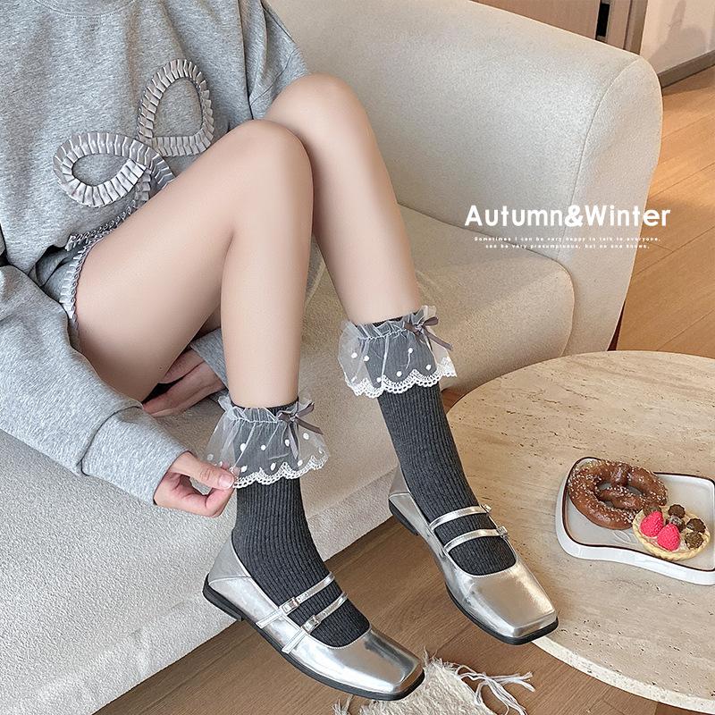 Girls' Spring and Autumn Socks with Lace Bows, Girls' Lolita Mid-calf Piles, Autumn and Winter Ballet-style Student Socks