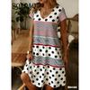 Women's Fashion Short Sleeve Dress Summer Women's Dresses Loose Plus Size Casual V-Neck Striped Polka Dot Print Ladies Clothing