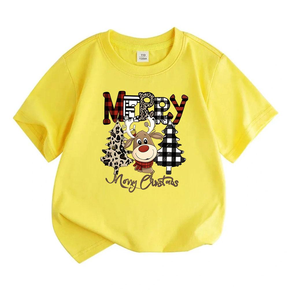 Kids Boys Girls 100% Cotton Short Sleeve Crew Neck T-Shirt, Merry Christmas Cute Reindeer Xmas Tree Print Casual Summer Tops for Holiday Daily Wear