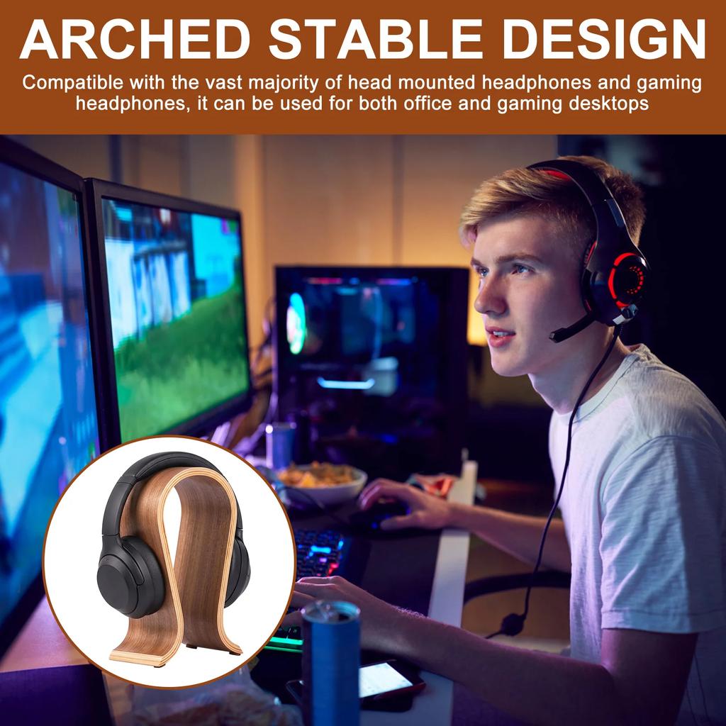 U-shaped Headphone Stand Wooden Desk Headphone Holder Universal Compatibility Gaming Display Stand for Countertop Tidy Storage