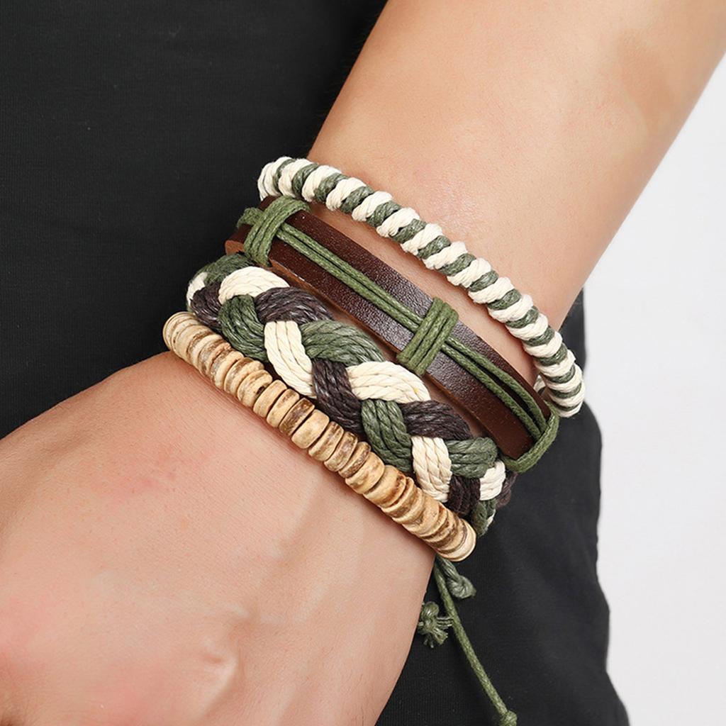 Men's Fashion Bracelet Bohemian Style Wristchain Hand Woven Multi Layer Hemps Rope and Leather Wristband Accessories