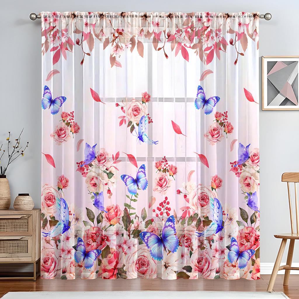 1PC Art Deco Style Sheer Curtain Tiers, Pastoral Flower and Butterfly Print,Rod Pocket, No Bleach, Clear Opacity, for Bedroom, Living Room