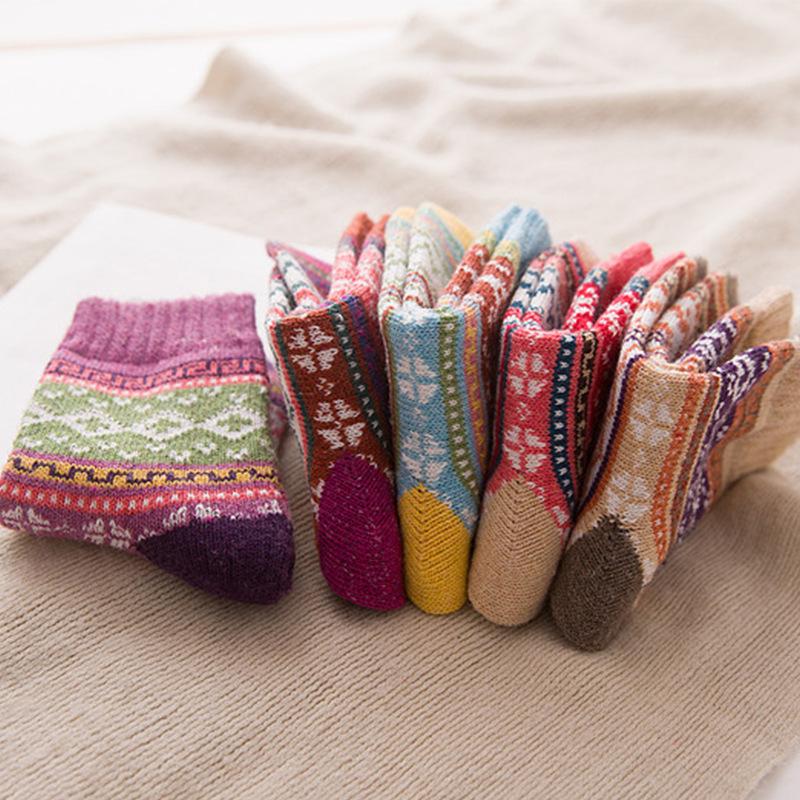 5 Pairs of Thick and Warm Cross-flower Rabbit Wool Socks with Ethnic Style and Coarse Needle Cashmere Socks for Autumn and Winter