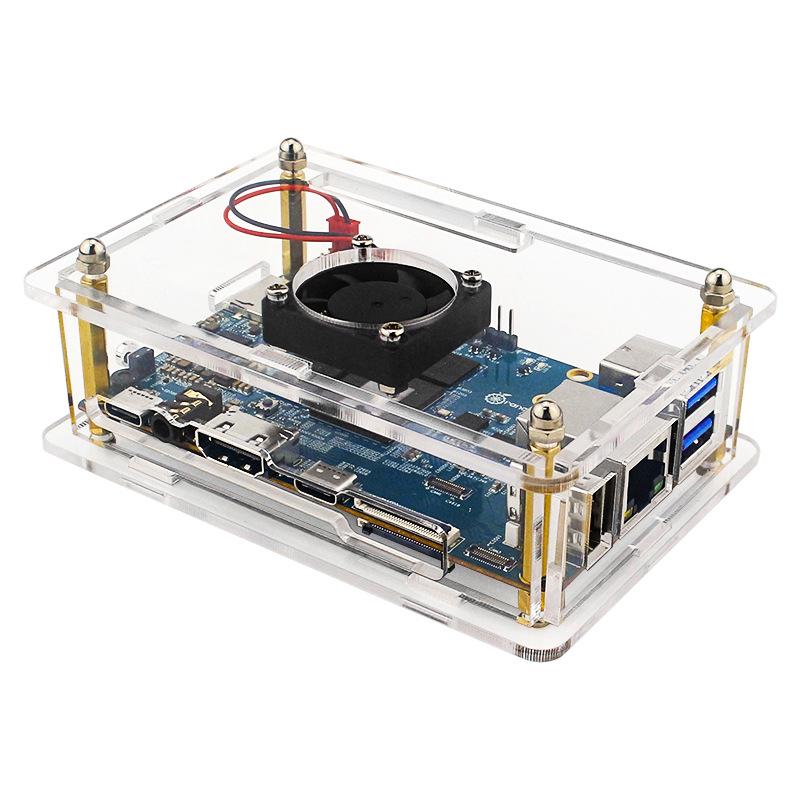 Orange Pi 5B Transparent Acrylic Case with Fan, WIFI, Bluetooth Receiver, and Orange Pi 5 Protection.