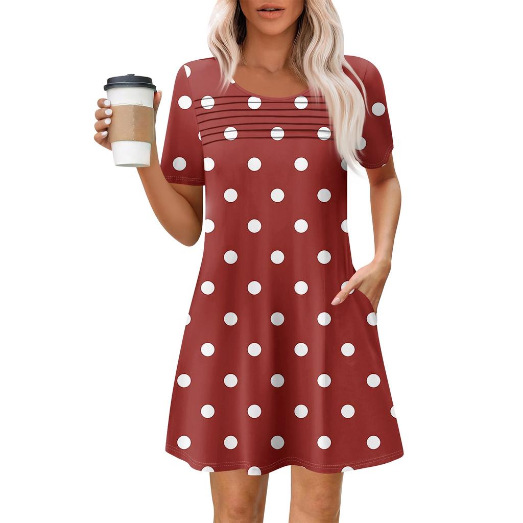 Damen Sommer Casual Rundhals Plissee Mit Taschen Bedruckte Kurzarmkleider