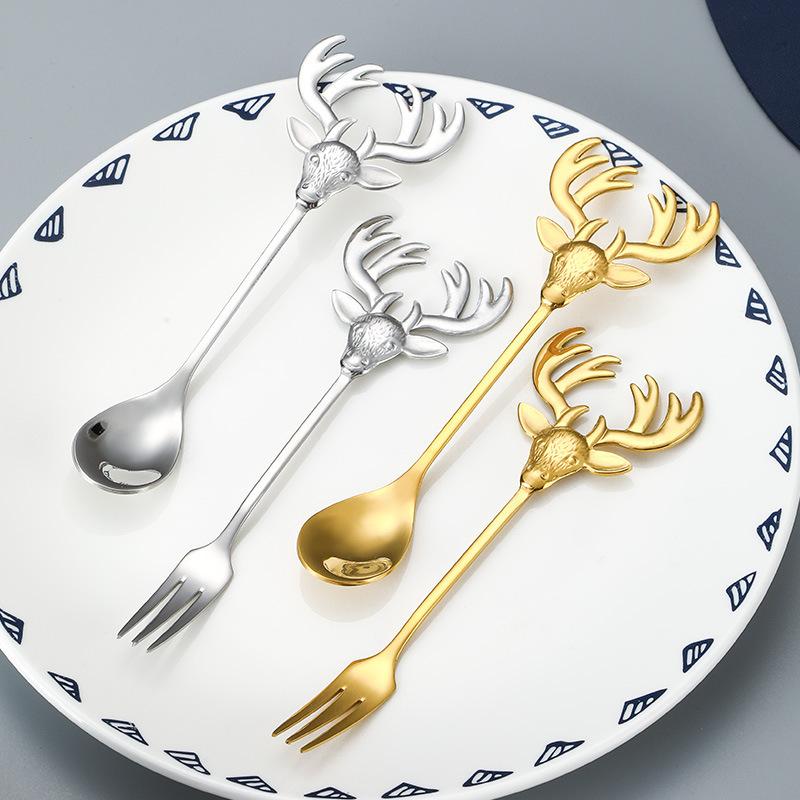 Europeisk 304 rostfritt stål hjorthuvud sked gaffel dessertsked internetkändis sked kreativ sked kaffesked