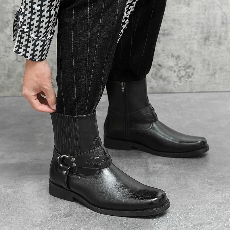 Men's Leather Buckle Chelsea Boots Men's Boots Black Western Cowboy Boot Zipper Vintage Brown Motorcycle Leather Boots