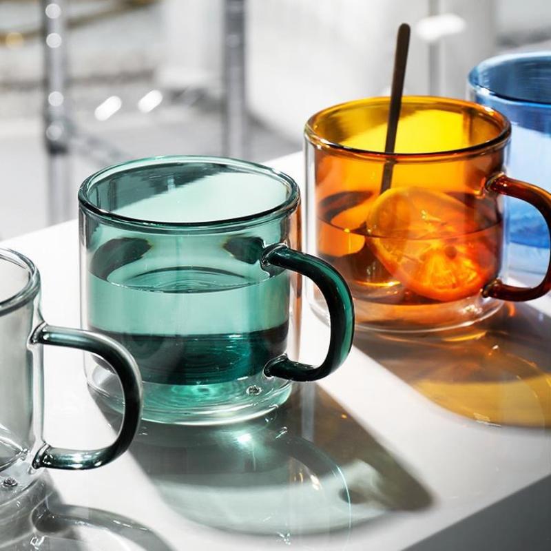 1PC Double-layer Colored Glass Cup Household Glass Beverage Juice Milk Tea Office Desk Light Color Transparent Tea Cup