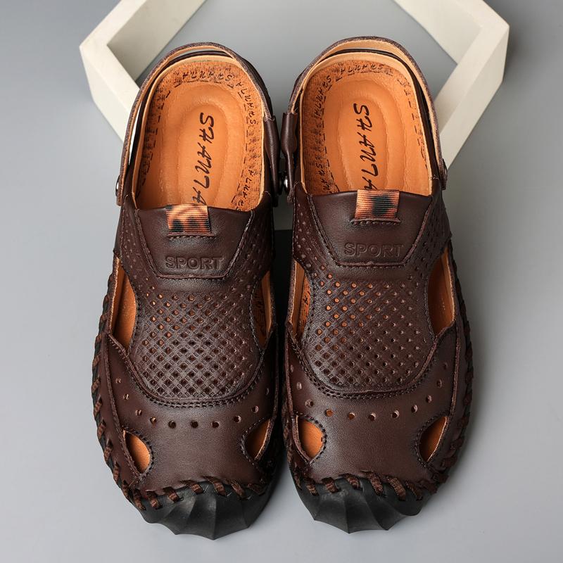 Sandales de randonnée pour hommes Sandales en cuir noir Sandales d'été d'extérieur Sandales romaines à bout large Marron Chaussures de plage Chaussures d'eau Grande taille