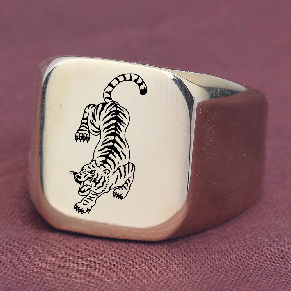 Retro European-American Style 18MM Laser Engraved Tiger Stainless Steel Ring for Women
