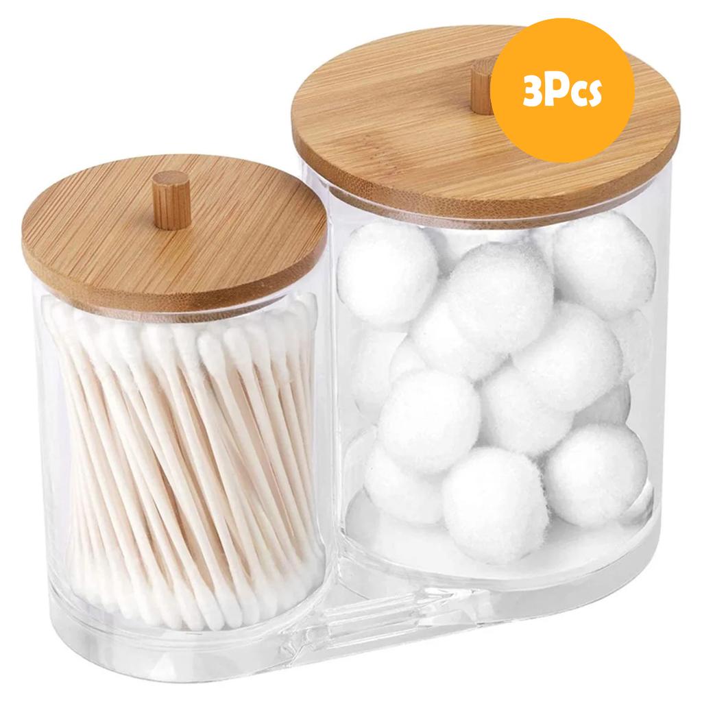 Bathroom Acrylic Storage Box Jar Makeup Organizer Cotton Round Pad Holder Cotton Swab Box Qtip Holder Dispenser with Bamboo Lid