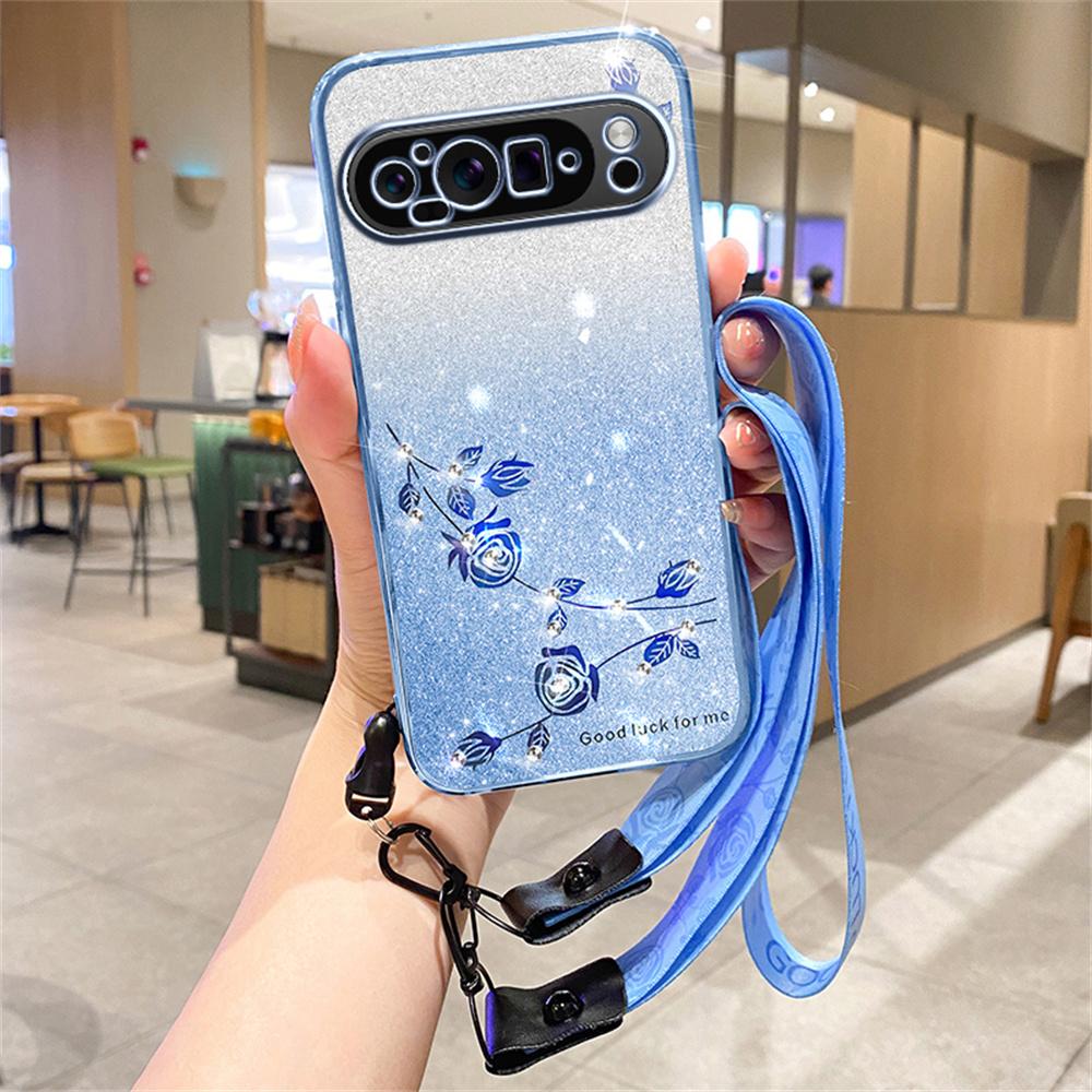 Gradient Flower Long Lanyard Soft Case For Google Pixel 9 Pro XL 6pro 8Pro 7Pro 7A 6A 8A Pixel 8 7 9 9XL 9pro Wrist Strap Cover